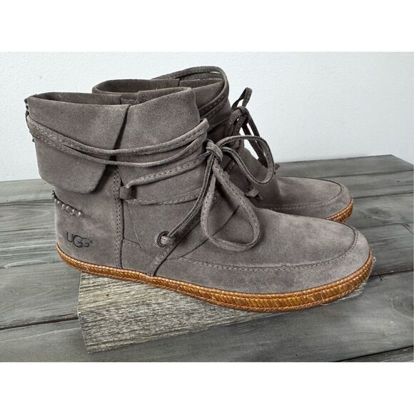 UGG Reid Lace-Up Flat Moc Leather Gray Bootie Size 7 - Picture 9 of 10